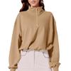 FKAEZZFR Zipper loose cropped sweatshirt solid color long sleeve snap buckle sports sweatshirt Khaki view 1