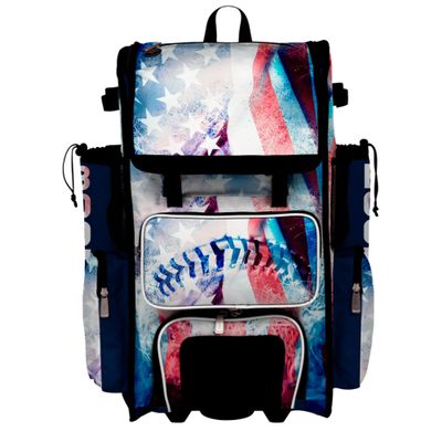 Boombah Superpack Hybrid Rolling Bat Bag - Wheeled & Backpack Version - USA Baseball Flag White/Royal Blue/Red