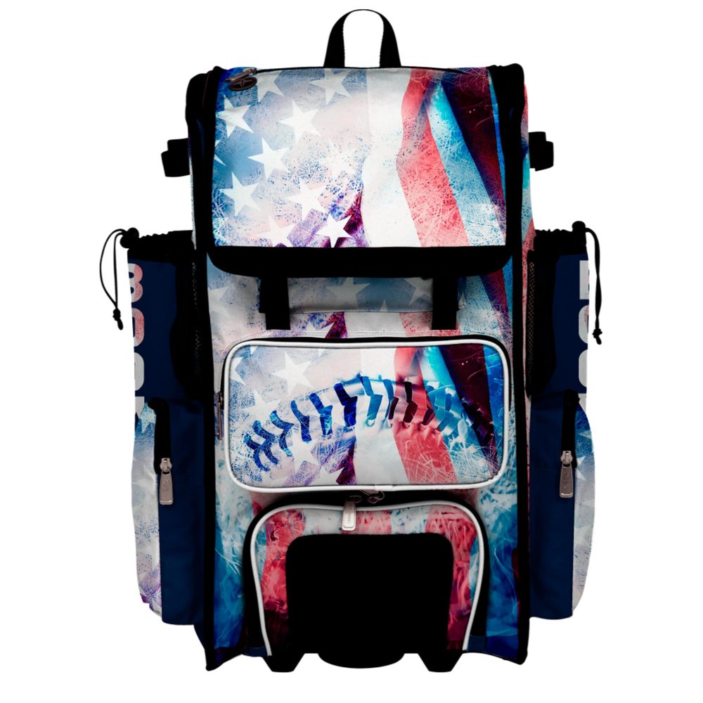 Boombah Superpack Hybrid Rolling Bat Bag - Wheeled & Backpack Version - USA Baseball Flag White/Royal Blue/Red