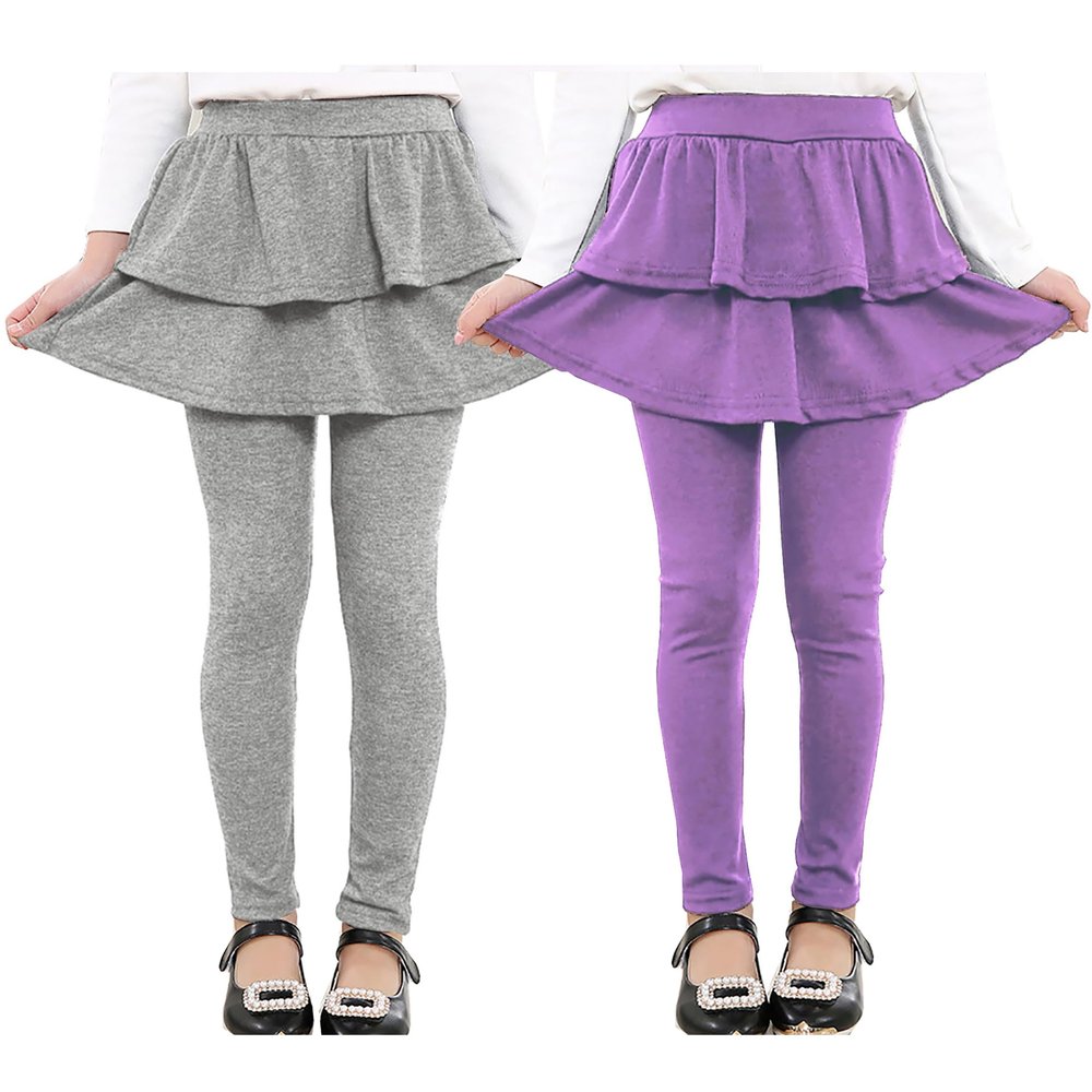 RieKet Girls School Uniform Pants Warm Stretchy Athletic Leggings with Skirt 2-14 Years Light Purple Mid Grey 2 Pack 6-7 Years