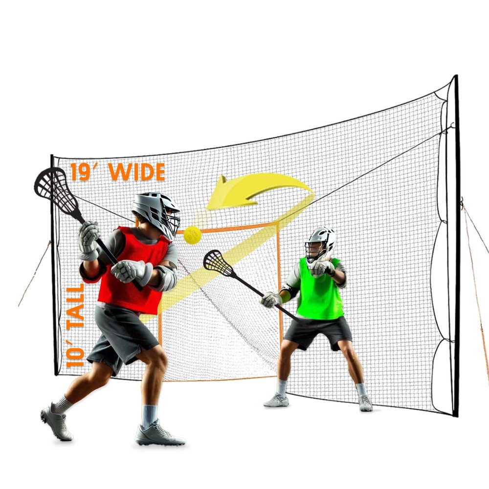Open Goaaal Lacrosse Goal Net & Backstop Rebounder - 66ft/1019ft, Black & Orange - Lacrosse Backstop Nets for Backyard - UV-Resistant Sports Mesh - Portable Bounce Back Rebounder