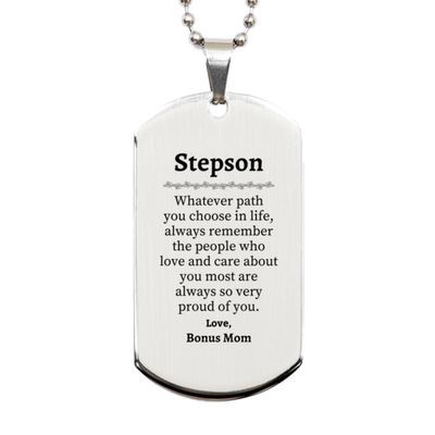 Generic Stepson Silver Dog Tag, Always so very proud of you, Inspirational Stepson Birthday Supporting Gifts From Mom