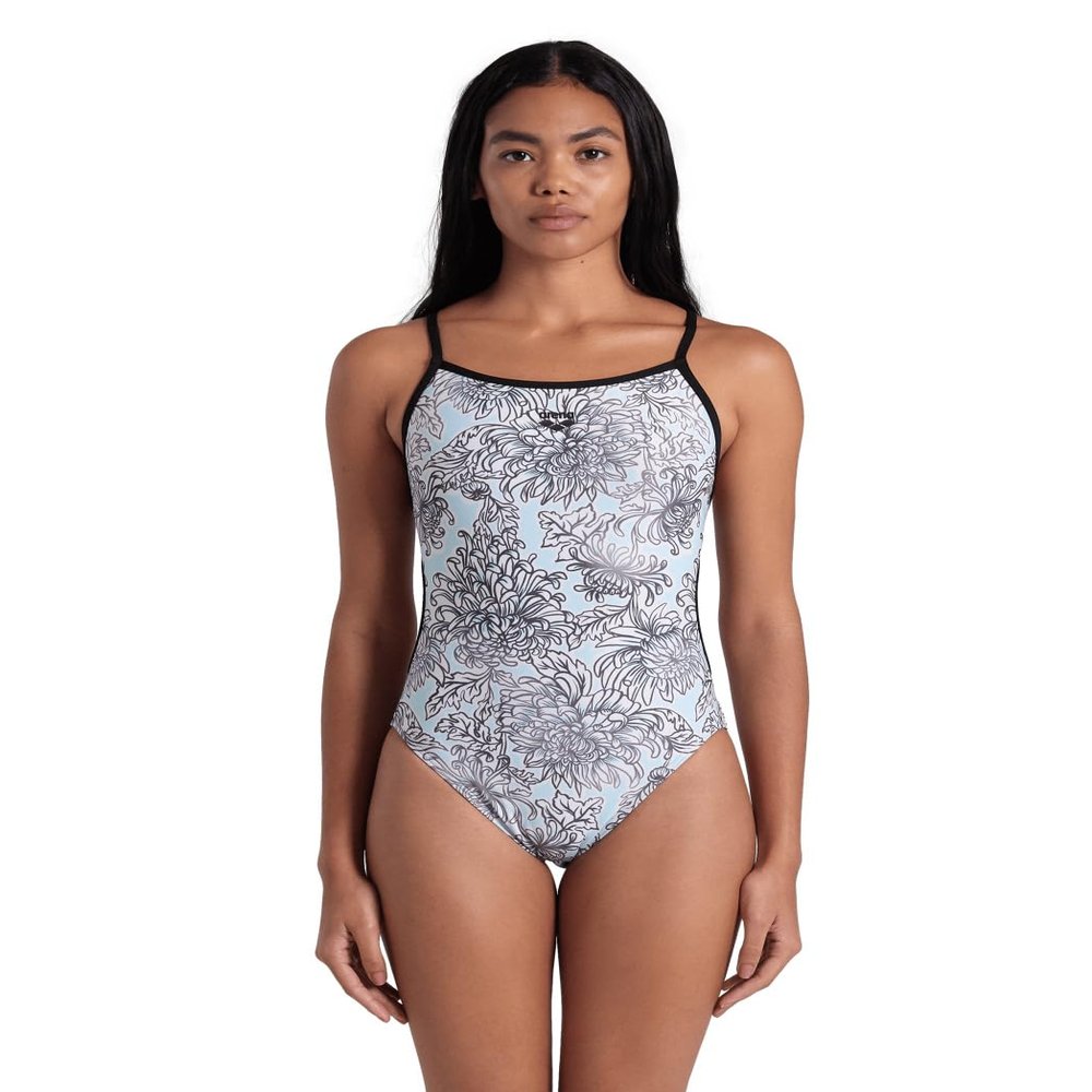 ARENA Performance White Floral Women's Swimsuit Lace Back One Piece MaxLife Training Suit Athletic Ladies Bathing Suit, Black/Multi, US Size 38