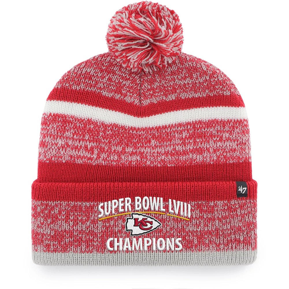 47 Kansas City Chiefs Super Bowl LVIII Champions Northward Beanie Hat with Pom - NFL KC Cuffed Winter Knit Cap Red