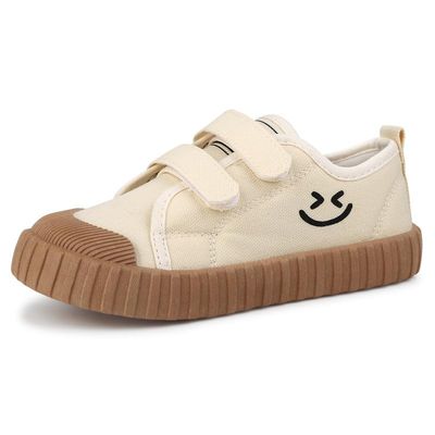 Cozystep Toddler Boys Girls Slip On Canvas Sneakers Cartoon Smile Printed Little Kid Unisex Adjustable Strap Walking Shoes Lazy Shoes with Hook and Loops