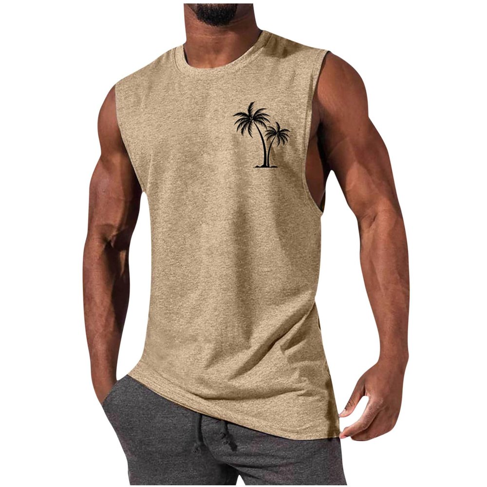 Men's Tank Tops Loose Fit Sleeveless Crewneck Shirts Tops Summer Casual Palm Tree Print Hawaiian Beach Shirts Tee Men Khaki L