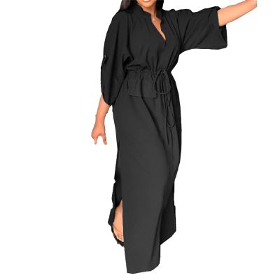 Women Split Thigh Maxi Dress Roll Sleeve Bodycon Wedding Guest Dresses High Waist Cocktail Party Dresses with Belt (Large,Black)