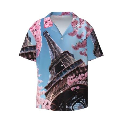 Oil Painting Paris Eiffel Tower Men's Casual Shirts Short Sleeve Regular Fit Fashion Camp Beach Shirts Tops Black