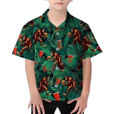 Bigfoot Boys Girls Hawaiian Shirts - Tropical Beach Boys Button Down Shirt Short Sleeve Summer Shirts for Kids Series 5 Size 8Y