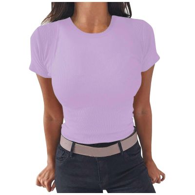 2024 Womens Basic T-Shirts Trendy Summer Crewneck Short Sleeve Crop Tops Knit Ribbed Shirts Slim Fit Tees Y2k Clothes Purple