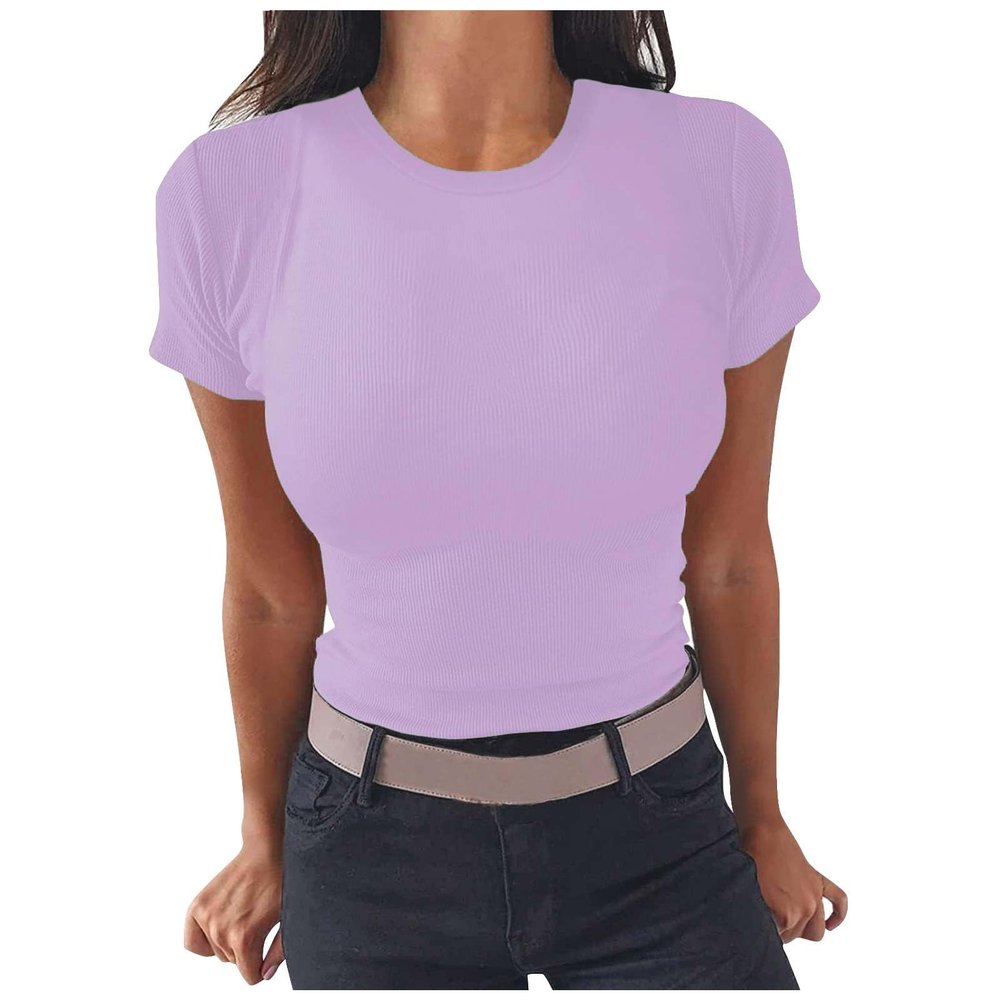 2024 Womens Basic T-Shirts Trendy Summer Crewneck Short Sleeve Crop Tops Knit Ribbed Shirts Slim Fit Tees Y2k Clothes Purple