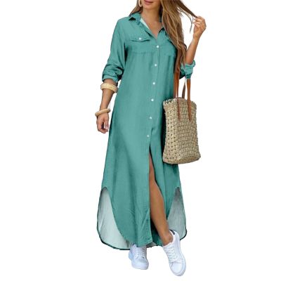 NineFit Basics Women Casual Loose Shirt Dress Button Down Front Split Maxi Beach Dress Cardigan Cover Ups Shirt Dresses with Pockets (Large,Green)