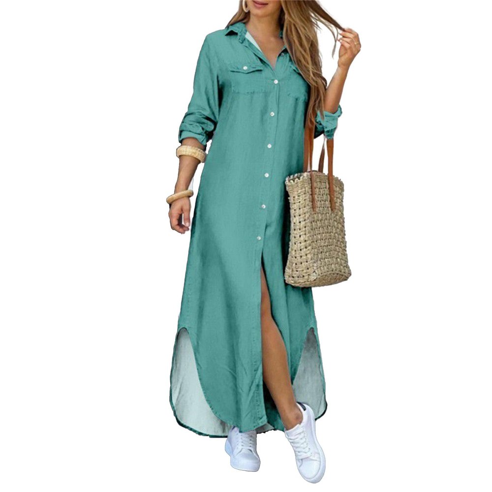 NineFit Basics Women Casual Loose Shirt Dress Button Down Front Split Maxi Beach Dress Cardigan Cover Ups Shirt Dresses with Pockets (Large,Green)