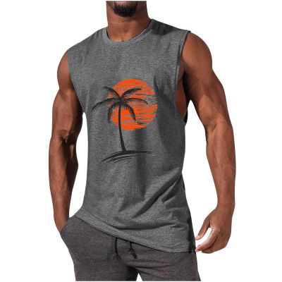 Men's Tank Tops Loose Fit Sleeveless Crewneck Shirts Tops Summer Casual Palm Tree Print Hawaiian Beach Shirts Tee Gray L