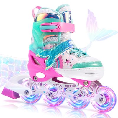 NEMONE Mermaid Inline Skates, 4 Sizes Adjustable Skates for Girls Kids with Light up Wheels, Indoor Beginner Outdoor for Kids Ages 4-6 5-8 6-12 8-12