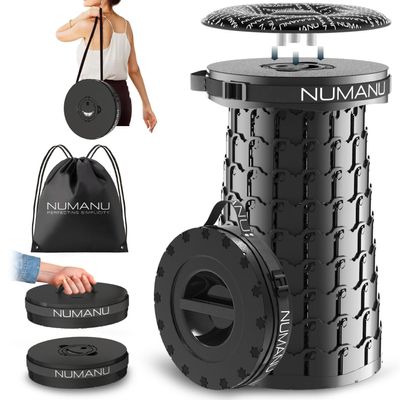 NUMANU 2025 Upgraded XXL Collapsible Stool with Cushion & Bag, 1000lbs Max Weight, 19.7" Heavy Duty Portable Retractable Telescoping Folding Seat Chair or Travel Footrest