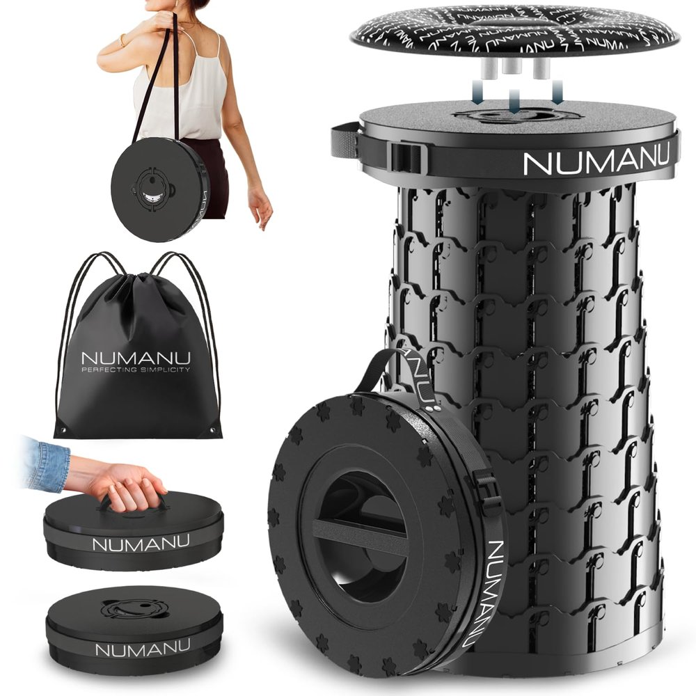 NUMANU 2025 Upgraded XXL Collapsible Stool with Cushion & Bag, 1000lbs Max Weight, 19.7" Heavy Duty Portable Retractable Telescoping Folding Seat Chair or Travel Footrest