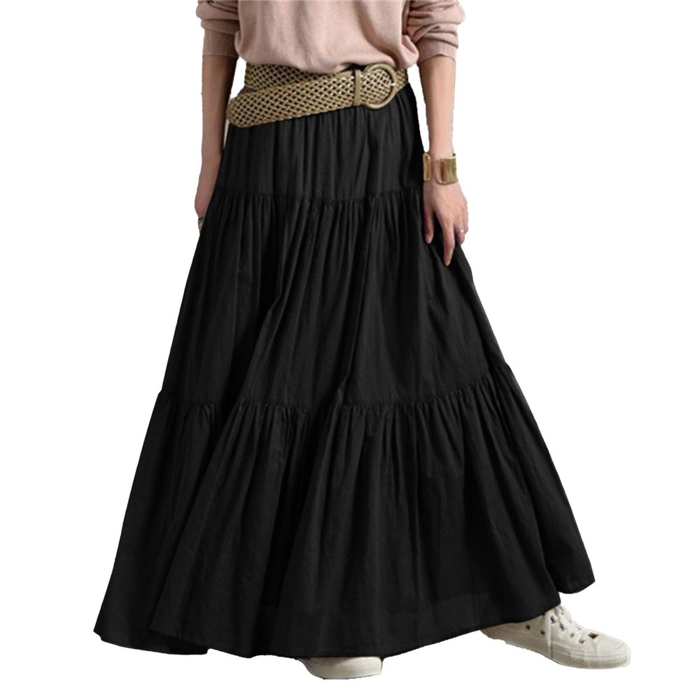 WomenS Boho Elastic High Waist Maxi Skirts Pleated A-Line Flowy Swing Skirt Asymmetric Tiered Maxi Long Skirt Dress (XX-Large,Black)