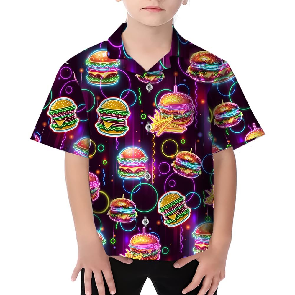 Neon Burger Boys Girls Hawaiian Shirts - Food Beach Boys Button Down Shirt Short Sleeve Summer Shirts for Kids Series 5 Size 8Y