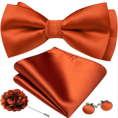 Barry.Wang Pretied Bow Ties for Men Solid Color Bow Tie and Pocket Square Cufflinks Lapel Pin Set Formal Orange Bowties
