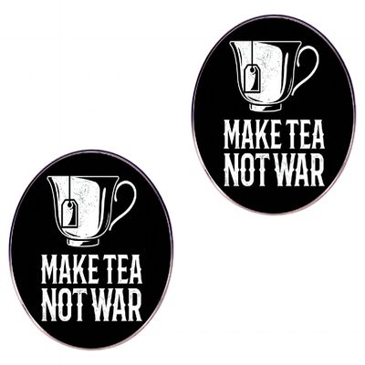 2 peace loving pins, MAKE TEA NOT WAR metal alloy pins, stop war pins, clothing bags, hats, accessories