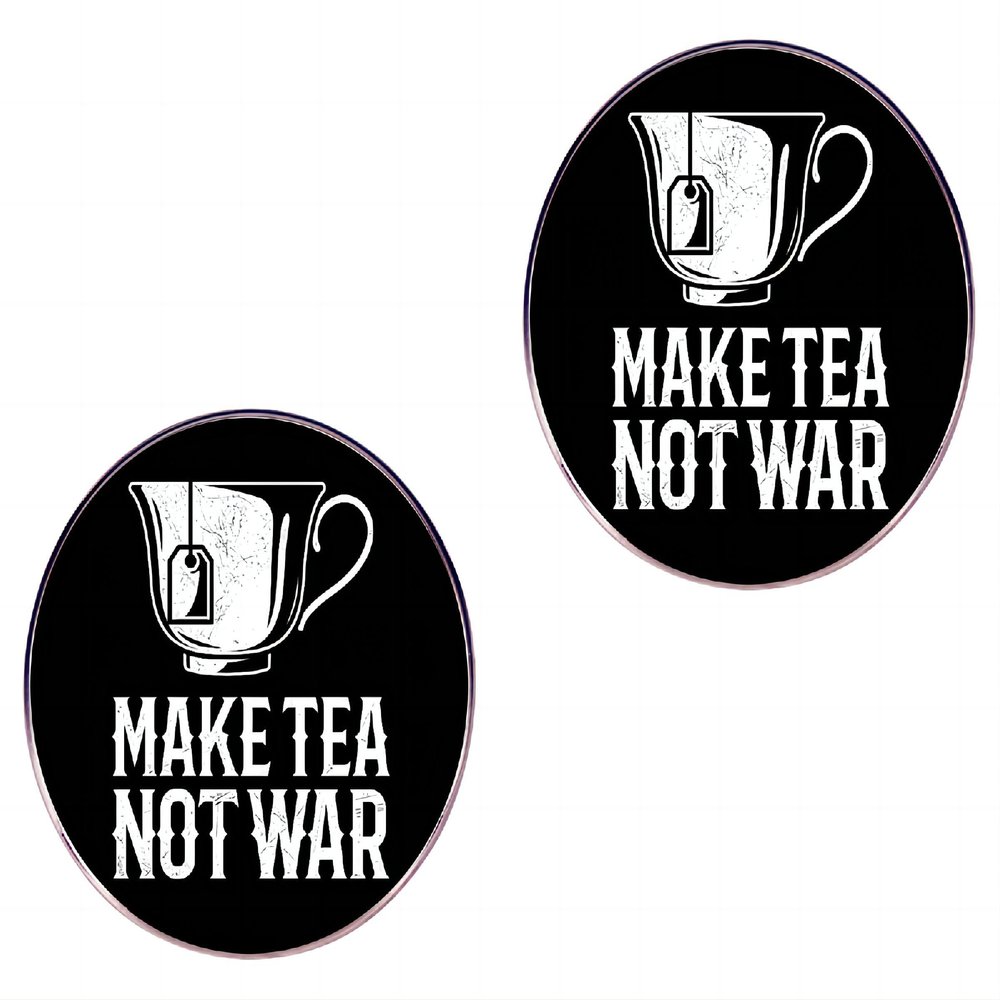 2 peace loving pins, MAKE TEA NOT WAR metal alloy pins, stop war pins, clothing bags, hats, accessories