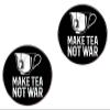 2 peace loving pins, MAKE TEA NOT WAR metal alloy pins, stop war pins, clothing bags, hats, accessories view 1