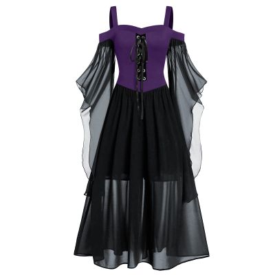 Women Renaissance Costumes Gothic Halloween Costume Cold Shoulder Butterfly Sleeve Lace Medieval Steampunk Dress (Black,M)