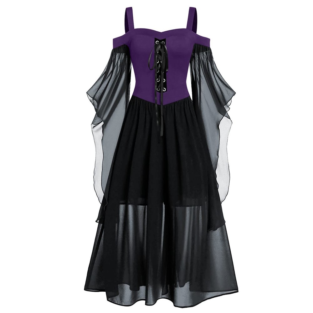 Women Renaissance Costumes Gothic Halloween Costume Cold Shoulder Butterfly Sleeve Lace Medieval Steampunk Dress (Black,M)