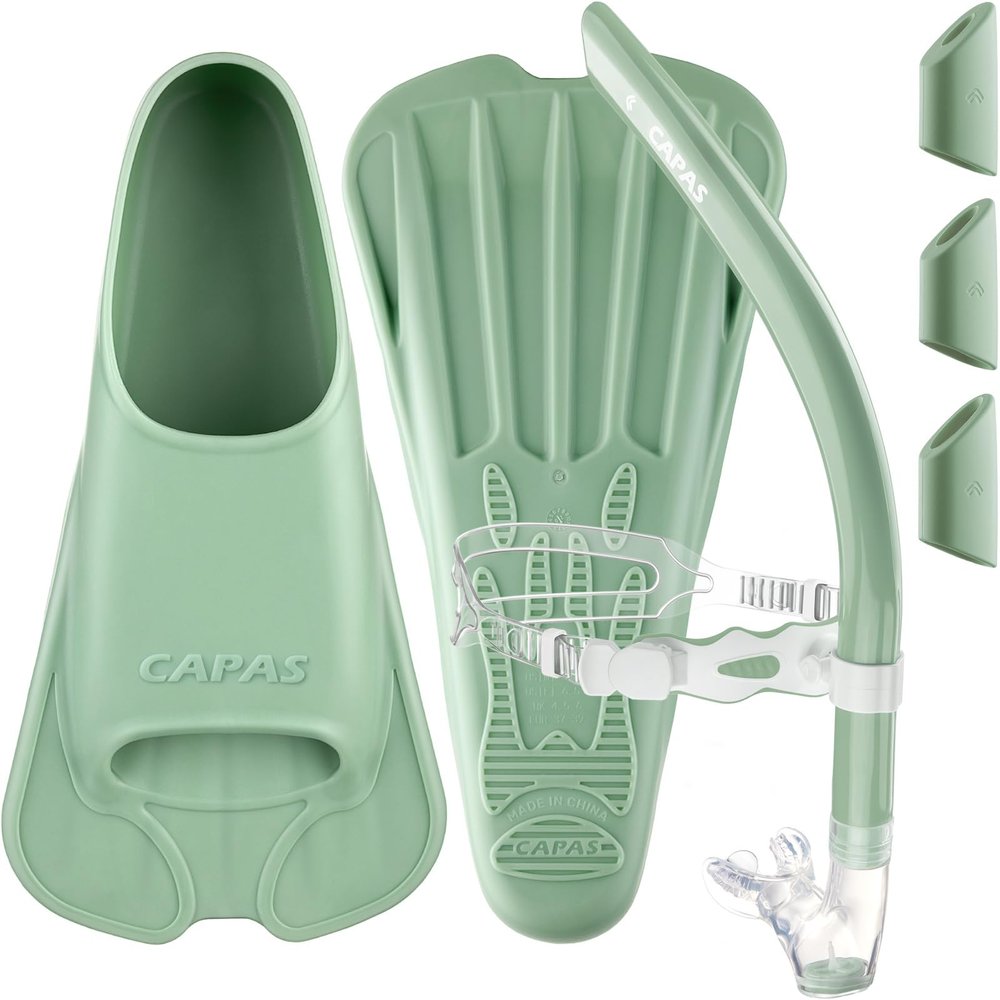 CAPAS Swim Training Fins+CAPAS Training Swim Snorkel for Lap Swimming, Green, Fins Size S (US Male 5.5-7 US Female 6.5-8)