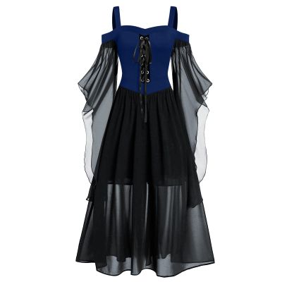 FRMUIC Women's Gothic Witch Dress Medieval Renaissance Costume Victorian Dress (Navy,XXL)