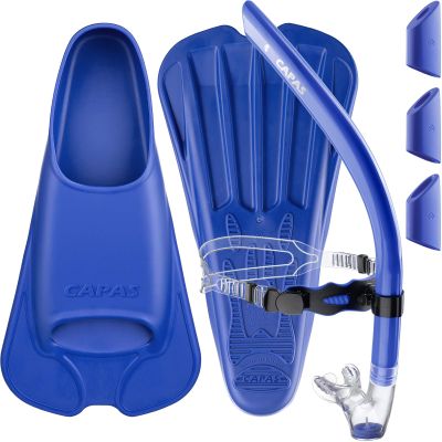 CAPAS Swim Training Fins+CAPAS Training Swim Snorkel for Lap Swimming, Blue, Fins Size L (US Male 9-10 US Female 10-11)