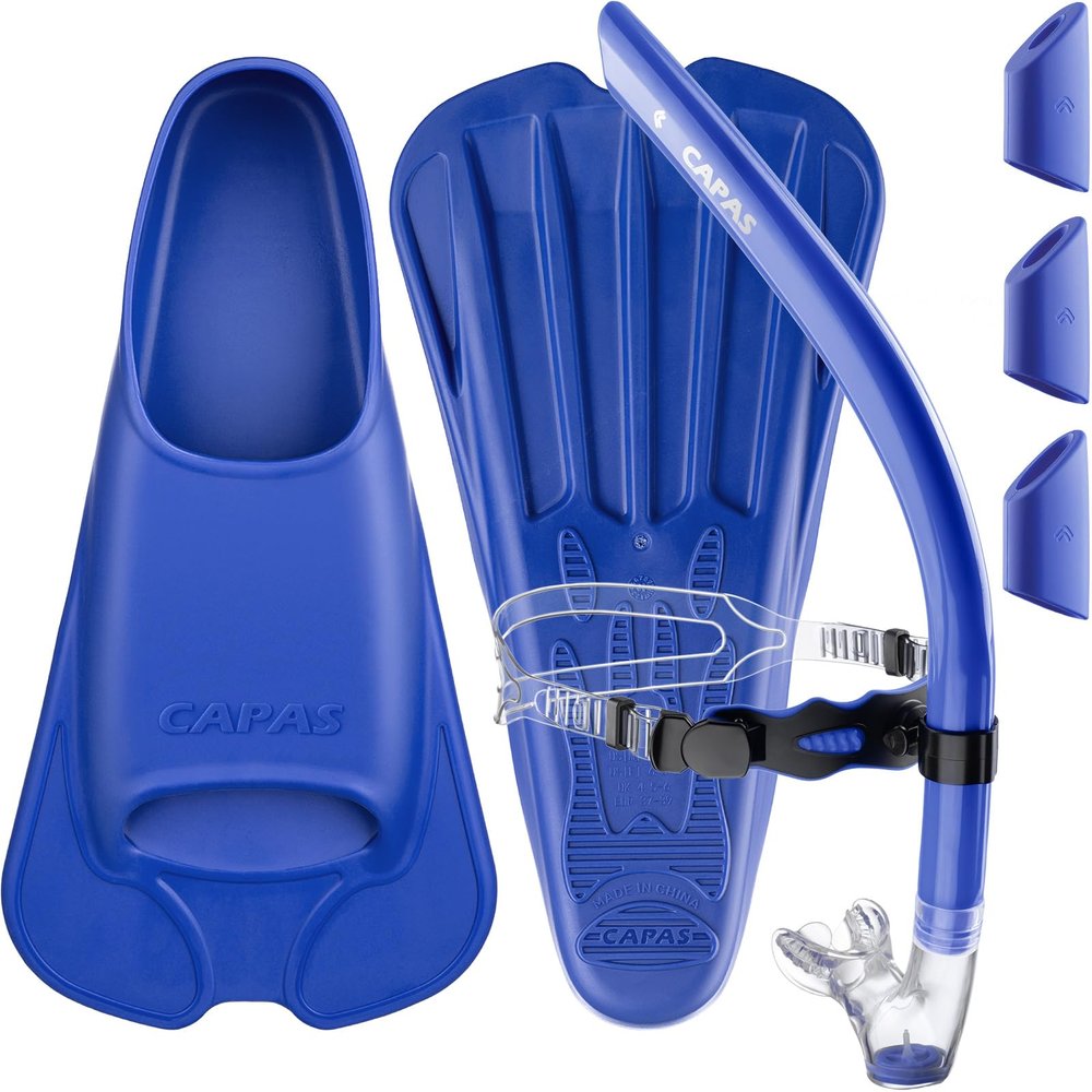CAPAS Swim Training Fins+CAPAS Training Swim Snorkel for Lap Swimming, Blue, Fins Size L (US Male 9-10 US Female 10-11)