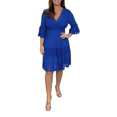 GOKKILRW Womens V Neck Lace Dresses Floral Embroidered Wedding Midi Dress High Waist Boho Bridesmaid Evening Party Dresses Blue