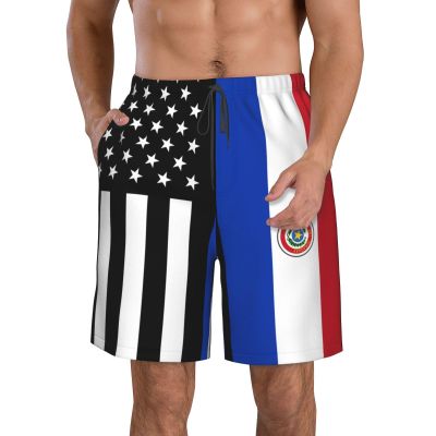 America Flag and Paraguay Flag Men'S Swim Trunks Quick Dry Swimming Trunks Beach Shorts with Mesh Lining and Pockets Xx-Large