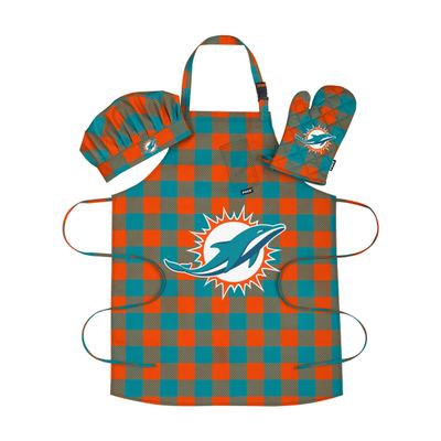 FOCO Miami Dolphins NFL Plaid Apron Chef Hat Oven Mitt 3 Piece Set