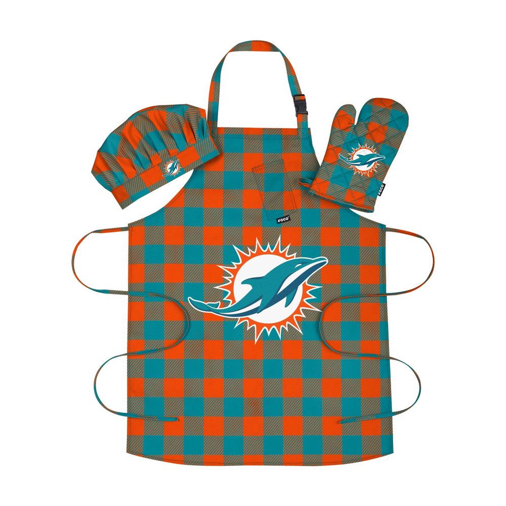 FOCO Miami Dolphins NFL Plaid Apron Chef Hat Oven Mitt 3 Piece Set
