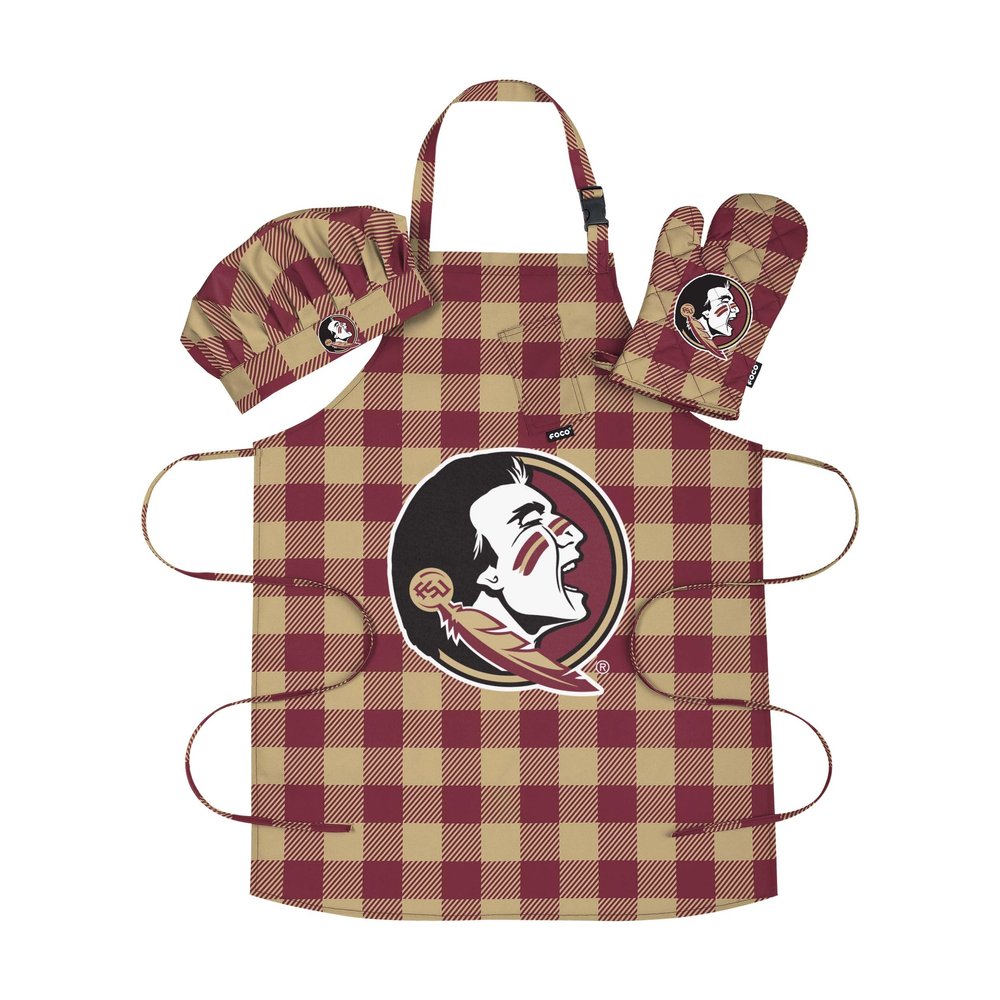 FOCO Florida State Seminoles NCAA Plaid Apron Chef Hat Oven Mitt 3 Piece Set