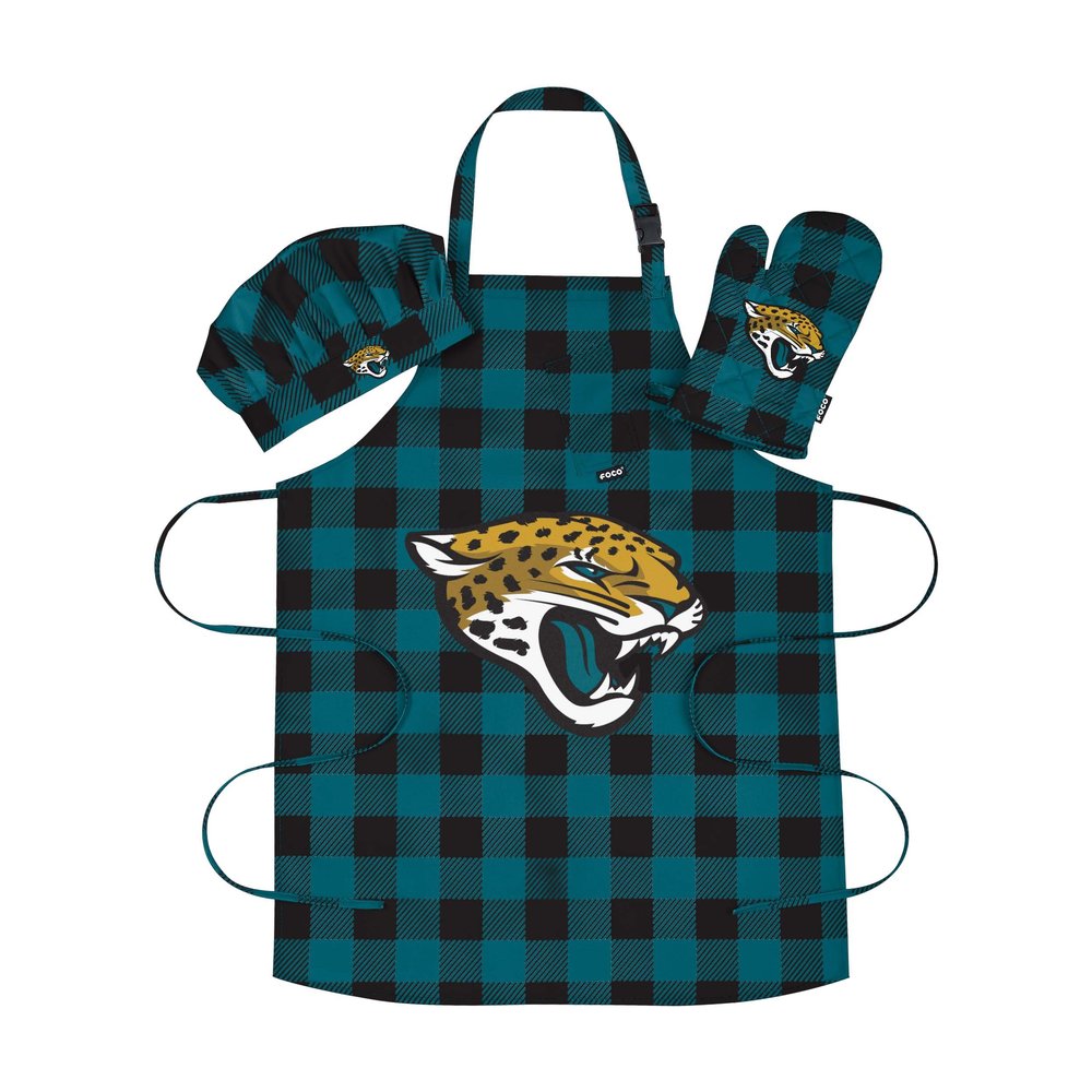 FOCO Jacksonville Jaguars NFL Plaid Apron Chef Hat Oven Mitt 3 Piece Set