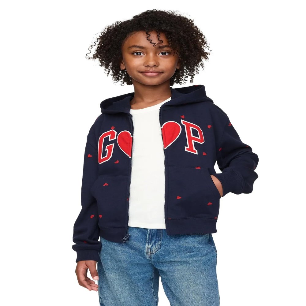 GAP girls Fleece Logo Full- Zip Hoodie Navy Hearts L