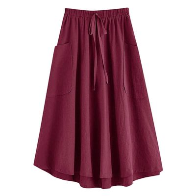 WomenS Boho Elastic Waist Asymmetric Maxi Long Skirt Dress Pleated A-Line Flowy Swing Beach Skirt with Pockets (Small,Wine Red)
