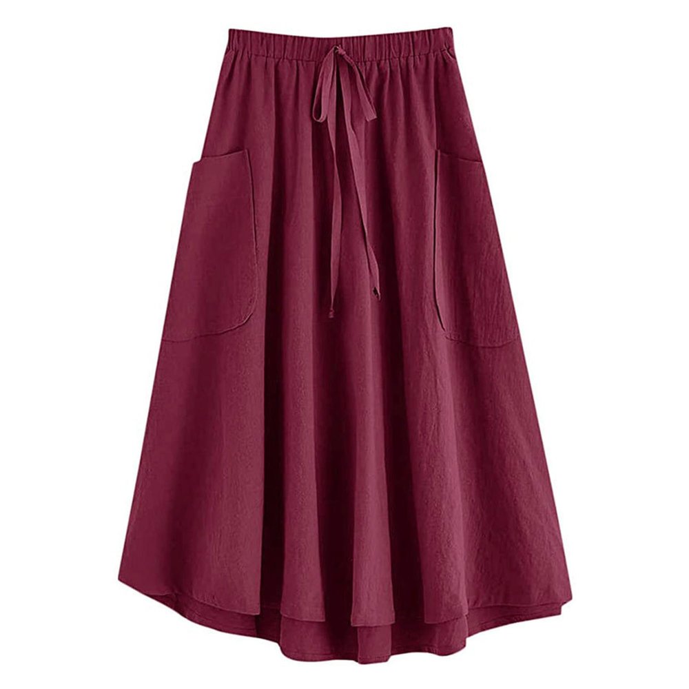 WomenS Boho Elastic Waist Asymmetric Maxi Long Skirt Dress Pleated A-Line Flowy Swing Beach Skirt with Pockets (Small,Wine Red)