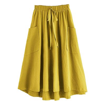 WomenS Boho Elastic Waist Asymmetric Maxi Long Skirt Dress Pleated A-Line Flowy Swing Beach Skirt with Pockets (X-Large,Yellow)