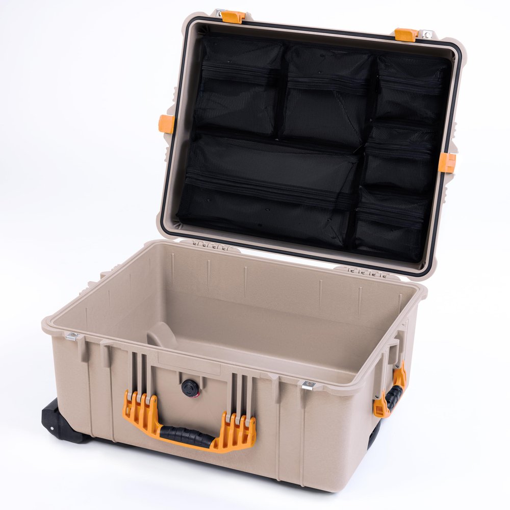 Pelican 1610 Case by ColorCase - Desert Tan - Large Sized Waterproof Case Mesh Lid Organizer - Yellow Handles & Latches