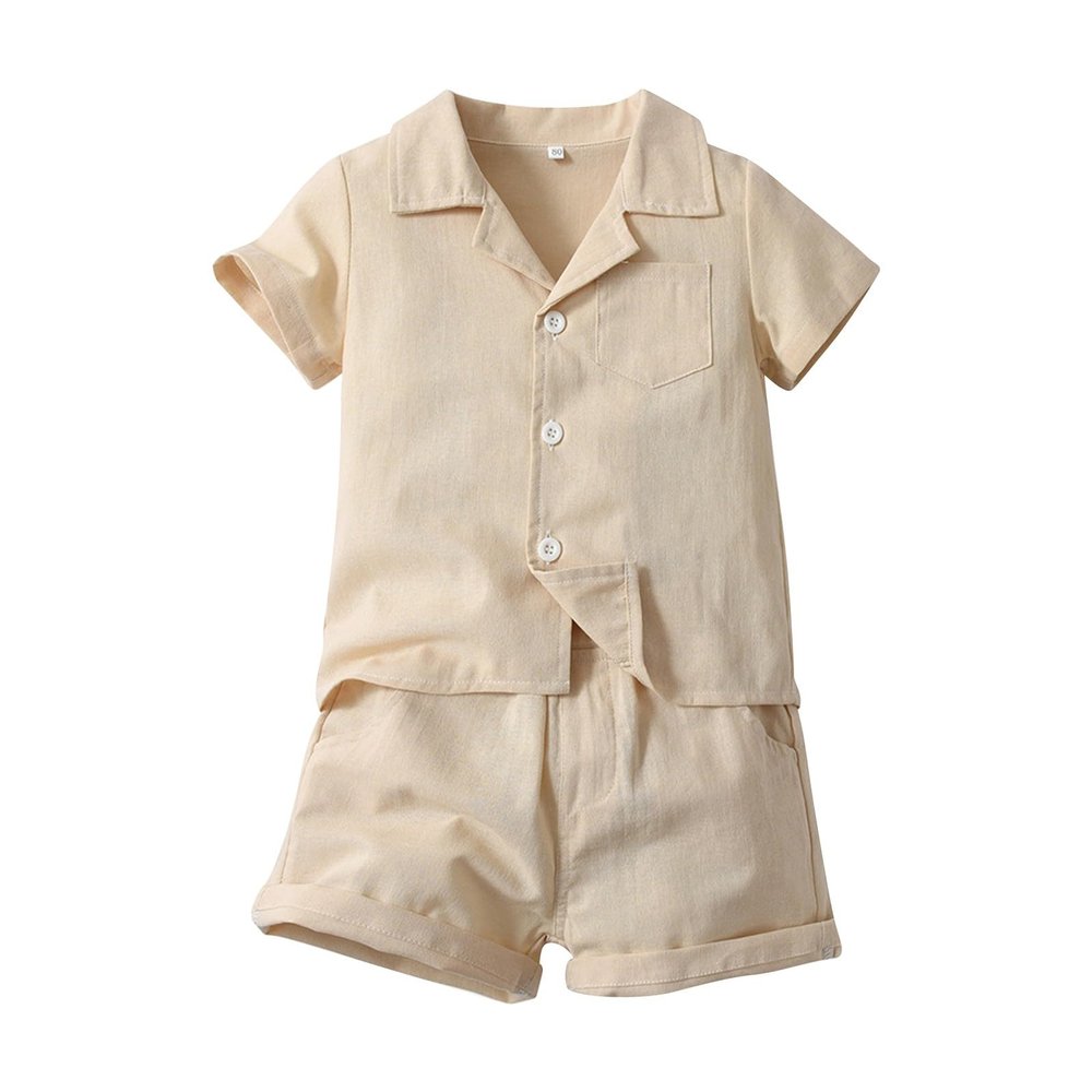 AMIMOJY Toddler Boys Girls Solid Clothes Casual Lapel Botton Down Tops Short Sleeve Elastic Shorts Baby Suit 2Pcs Outfit, 13-18 Months