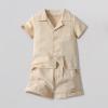 AMIMOJY Toddler Boys Girls Solid Clothes Casual Lapel Botton Down Tops Short Sleeve Elastic Shorts Baby Suit 2Pcs Outfit, 13-18 Months view 2