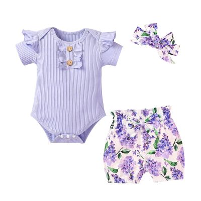 AMIMOJY Infrant Baby Clothes Flying Sleeve Ribbed Rompers Solid Tops Girls Floral Prints Short Casual Summer Outfit 2Pcs, 9-12 Months, Purple