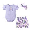 AMIMOJY Infrant Baby Clothes Flying Sleeve Ribbed Rompers Solid Tops Girls Floral Prints Short Casual Summer Outfit 2Pcs, 9-12 Months, Purple view 1