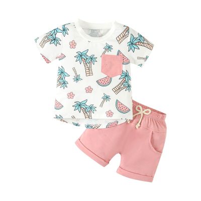 AMIMOJY Toddler Boys Girls Outfit Round Neck Cartoon Tree Print Tops Short Sleeve Shirt Solid Pants Beach Play Wear 2Pcs, Pink
