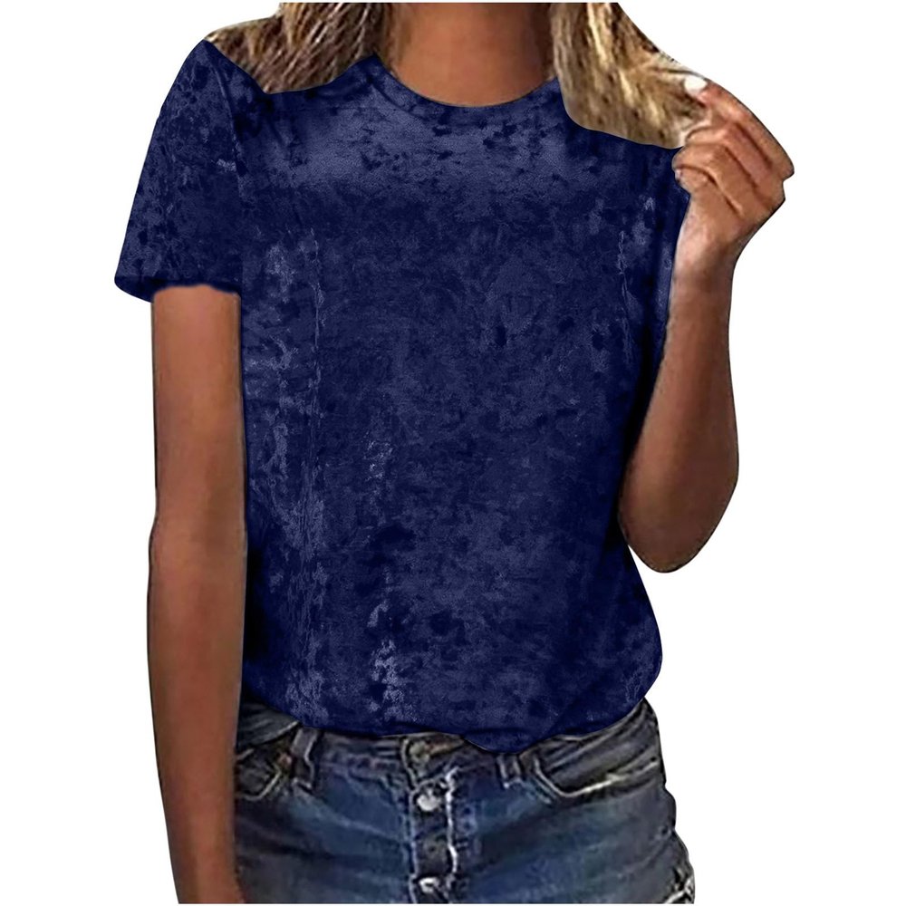 Shirts for Women Trendy Summer Velvet Top Short Sleeve T-Shirt Casual Crewneck Tunic Tee Blouse 2024 Fashion Clothes Dark Blue